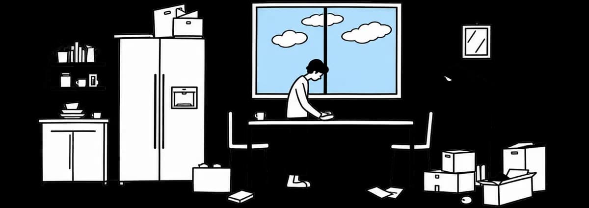 minimal line illustration of a person working at a desk by a bright window