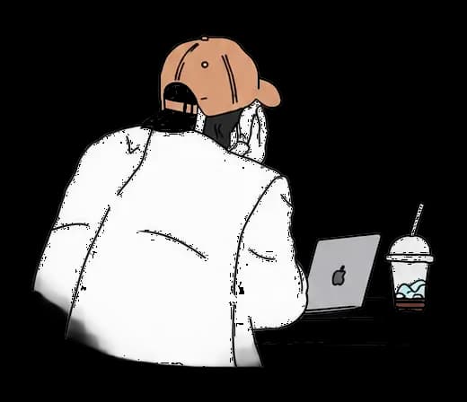 Hand-drawn illustration of Mahir working on a laptop with a coffee on the side