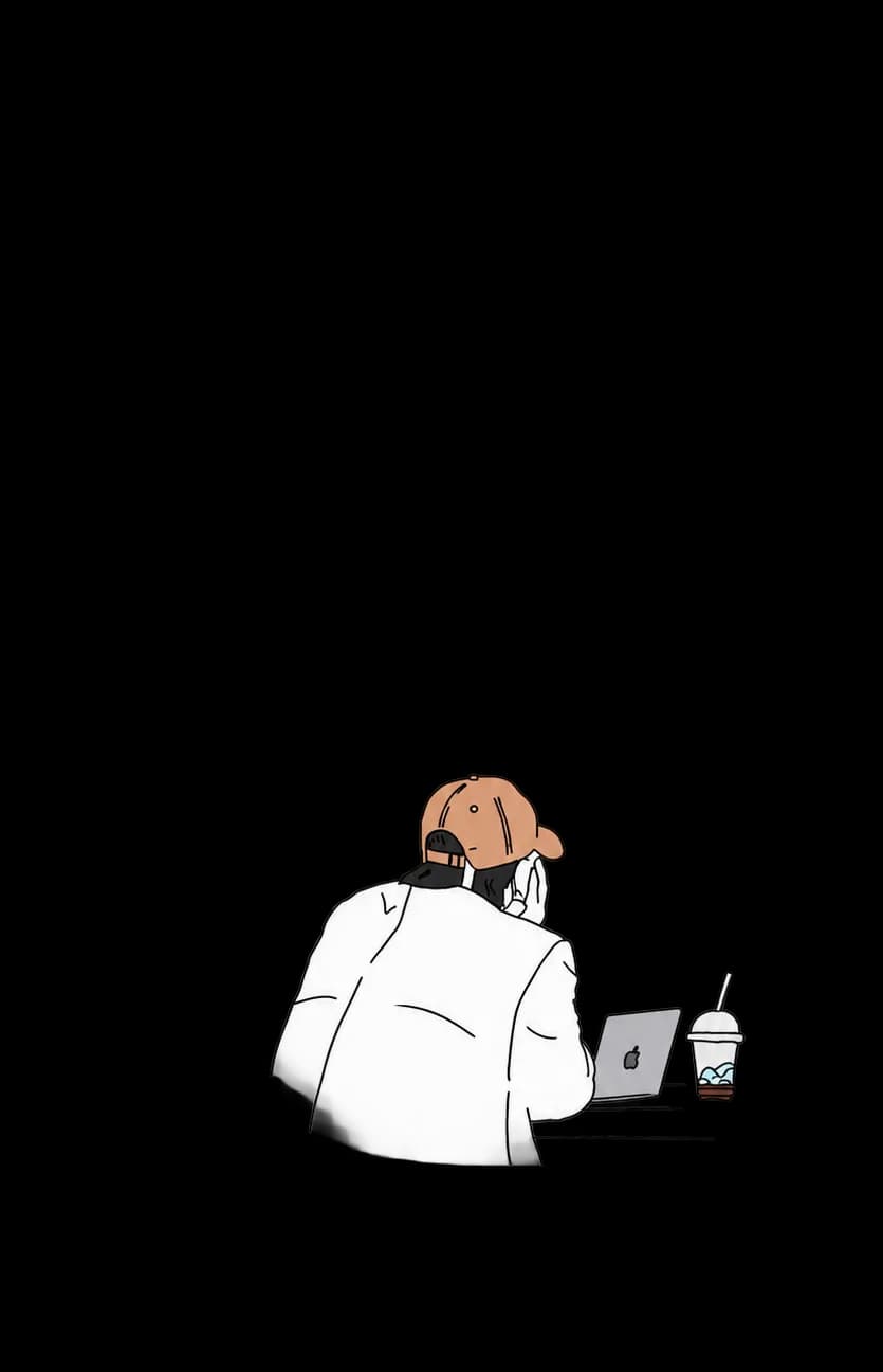 Hand-drawn illustration of Mahir working on a laptop with a coffee on the side